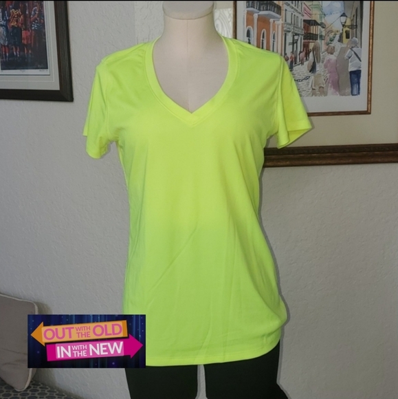 Champion Tops - Champion V Neck tee, size M, highlighter yellow